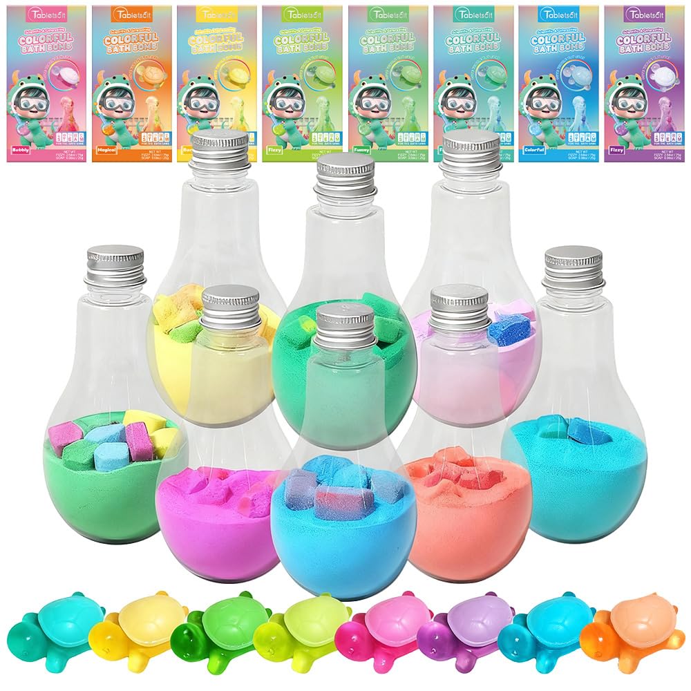Tabletscit Bath Bombs for Kids Gift Set, STEAM Science Kit with 8 Fizzy Colors & Organic Turtle Soaps, Travel Bath Toys for Boys & Girls Ages 3-8
