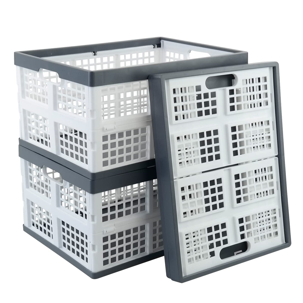 Minekkyes 3-Pack 30 L Plastic Stackable Collapsible Basket, Folding Storage Crate, White