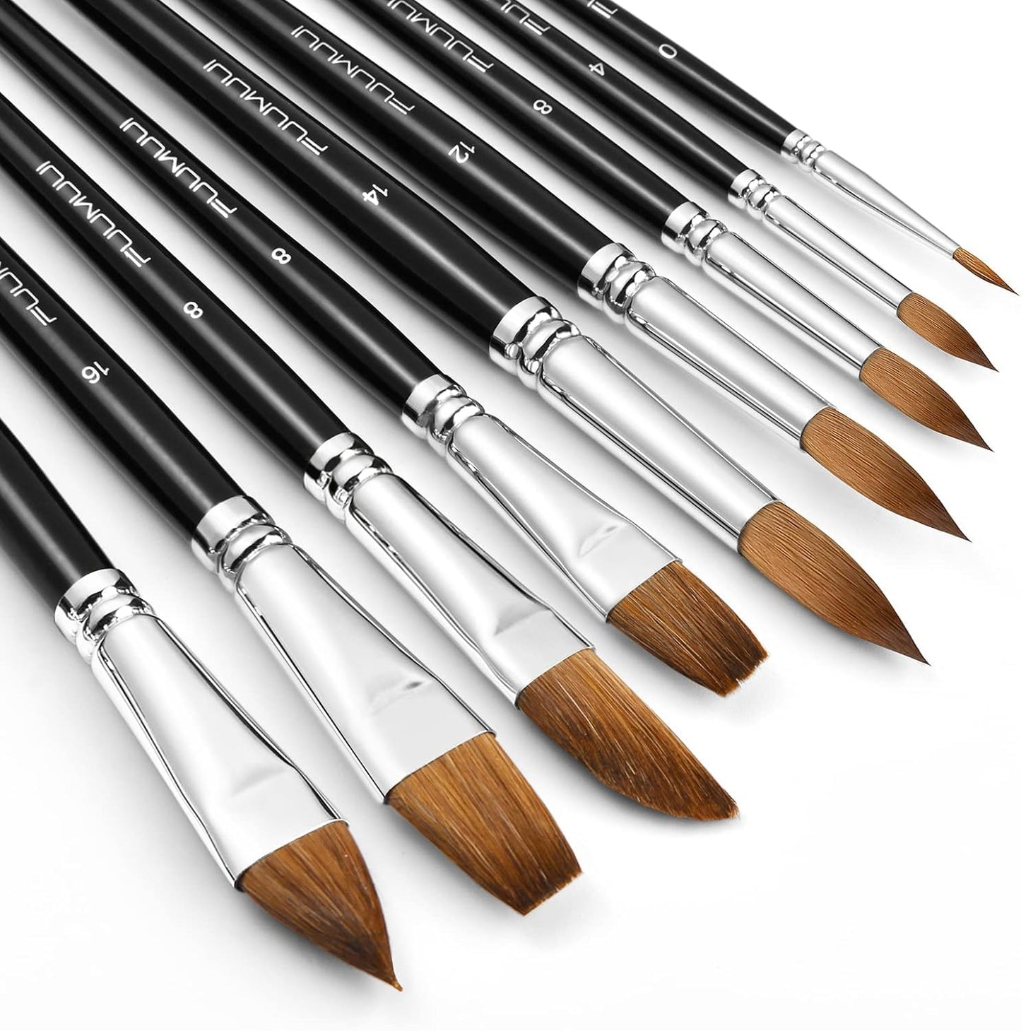 Kolinsky Sable Hair Watercolour Brushes Set - 9pcs Professional Pointed Rounds Cat's Tongue Oval Wash Flat Filbert for Gouache Inks Painting