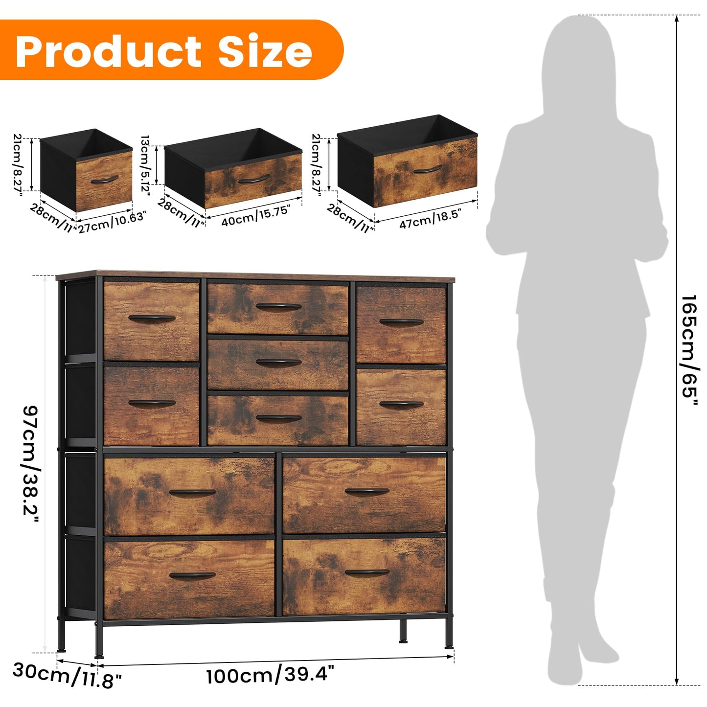 GoaHi Chest of Drawers, Large Dressers with Metal Frame and MDF Wooden Top Board, Adjustable Feet, Anti-Tip Safety