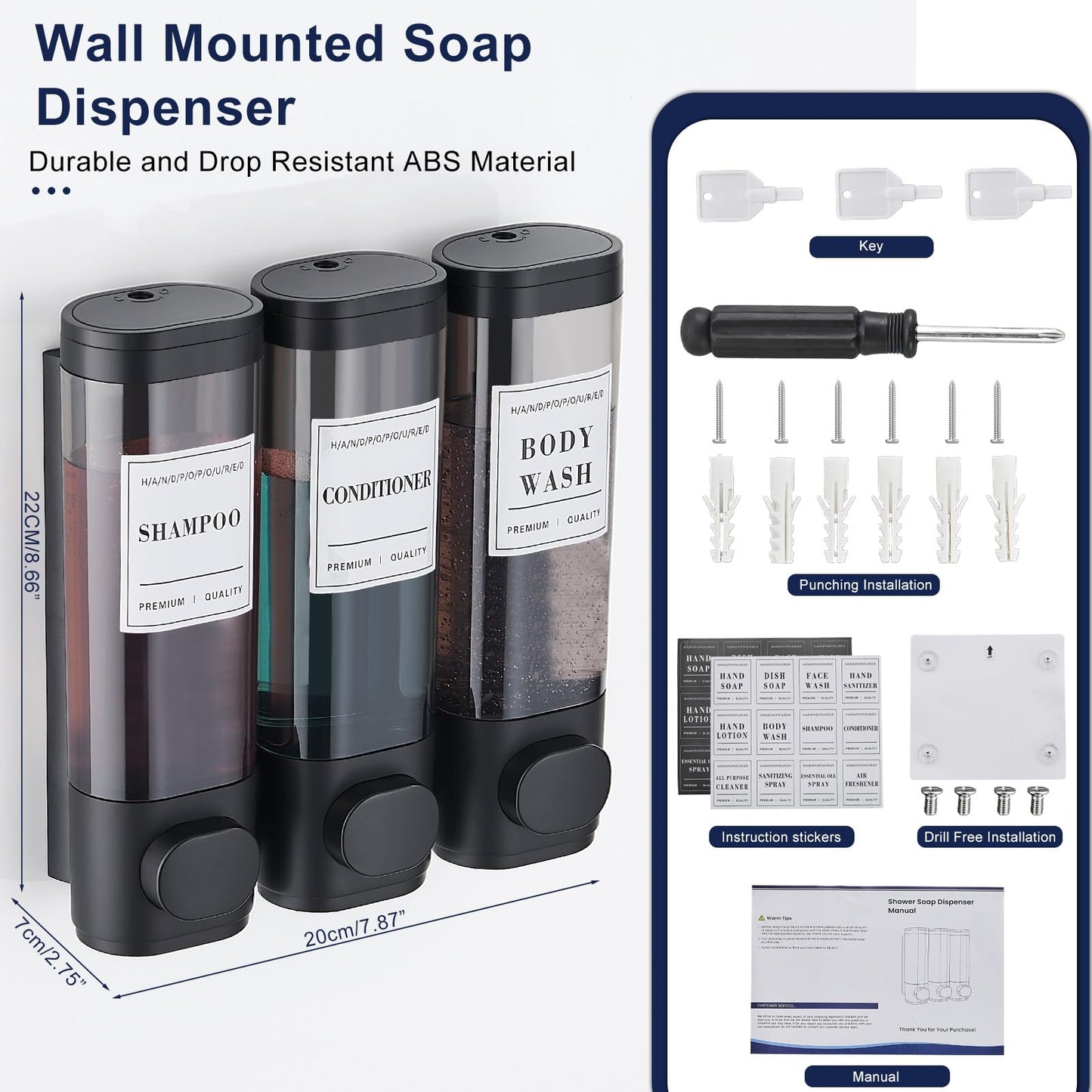KSITEX Shower Soap Dispenser Wall Mounted No Drill Shampoo and Conditioner Dispenser for Shower With Large Capacity Hand Soap Dispenser for Bathroom