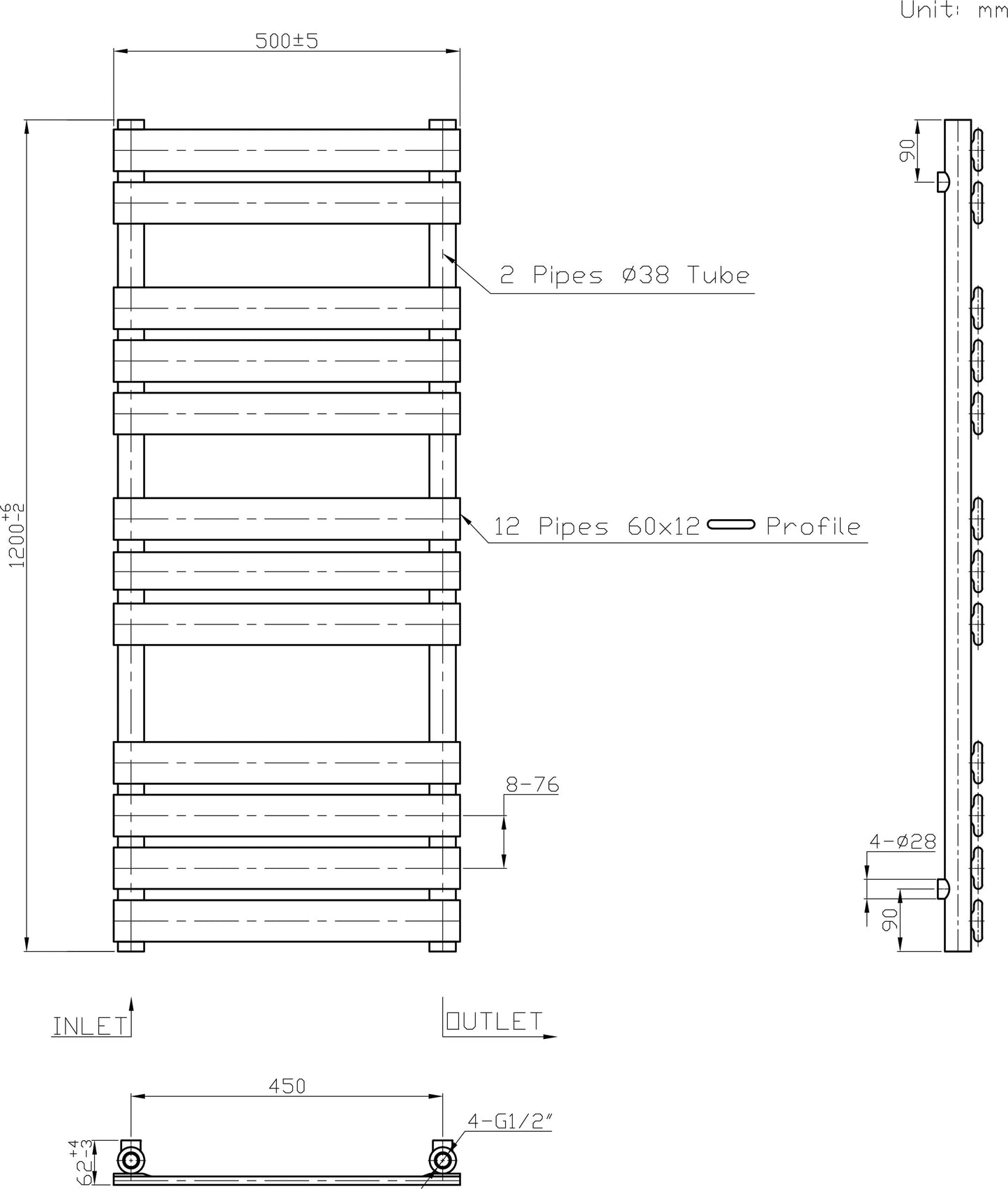 Warmehaus Flat Panel Heated Towel Rail Bathroom Radiator Chrome 1200x500mm