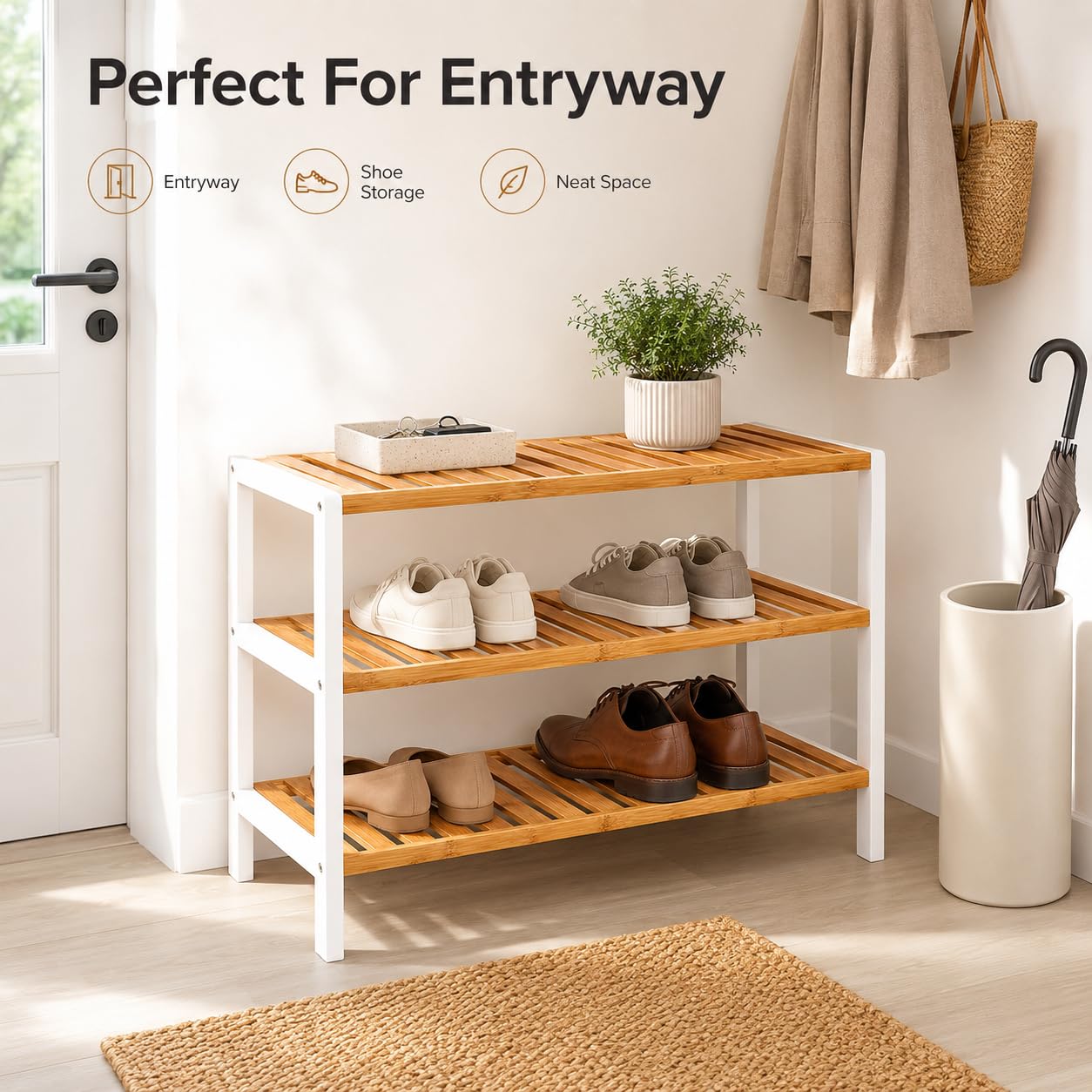 1ABOVE Bamboo Shoe Rack, Plant Rack, Perfect for Corridor, Living Room, Bathroom, Bedroom, Hallway or Small spaces-Parent. (White & Natural, 3 Tier)