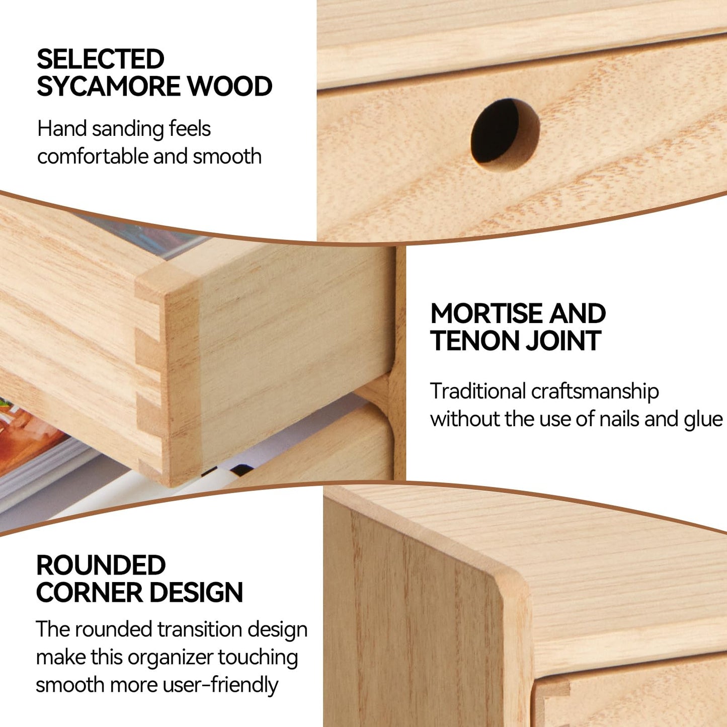KIRIGEN Wooden Desk Organiser with 3 Drawers and Shelf, Natural