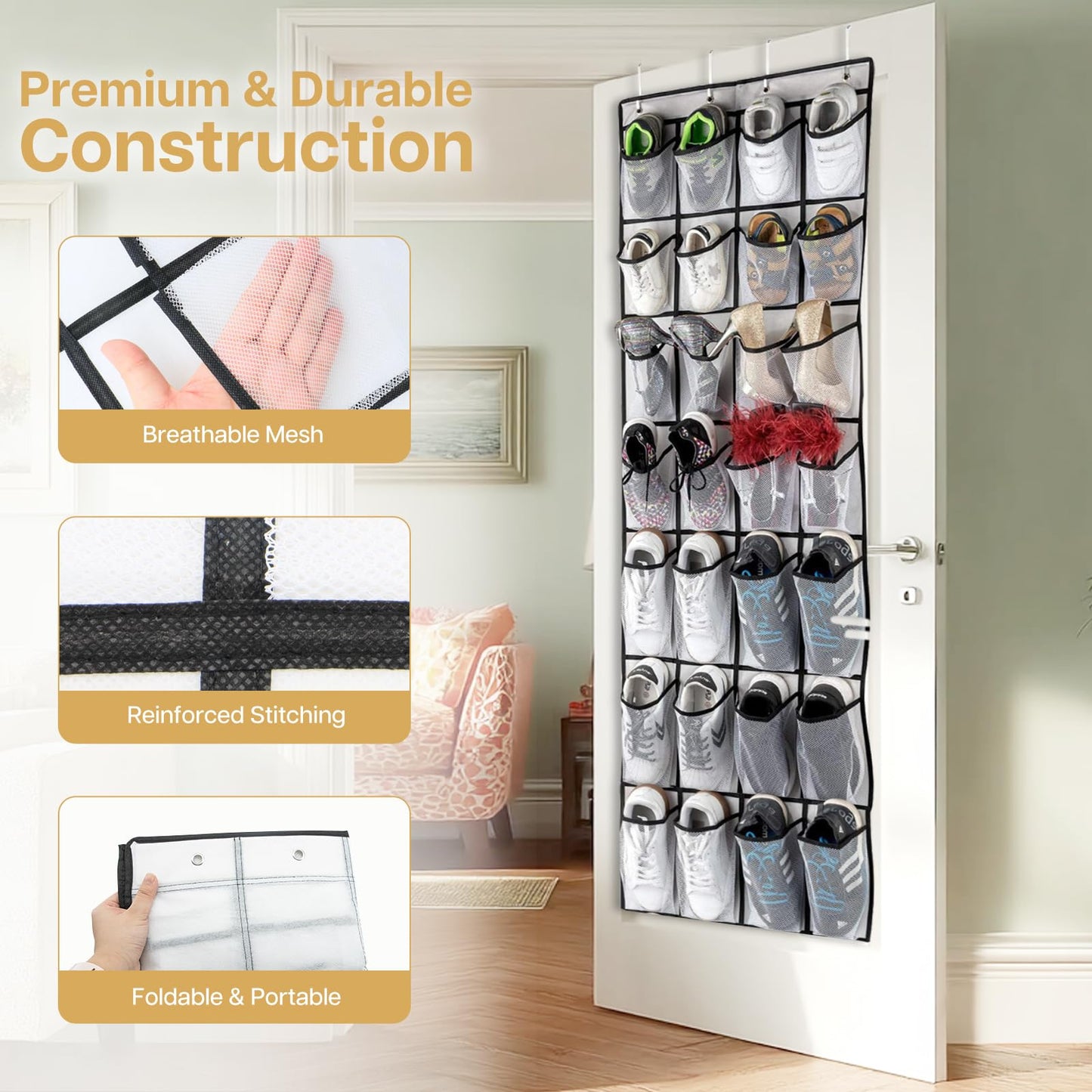 lafo Over the Door Hanging Storage Organizer with 28 Extra-Large Mesh Pockets (165x58cm) 4 Reinforced Hooks Multi-Purpose Shoe Rack for