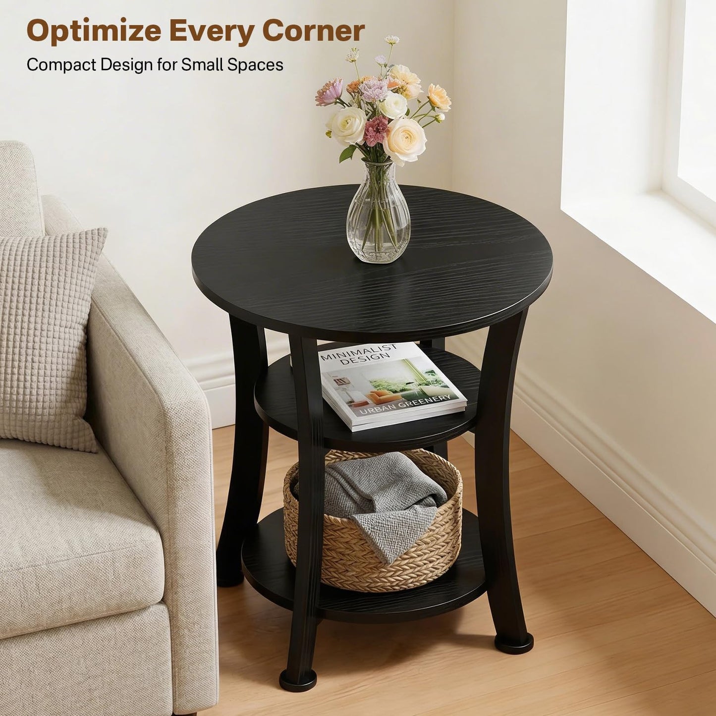 Yuede Round End Table, 3 Tier Side Table with Storage, 50 CM Farmhouse Wood Side Table