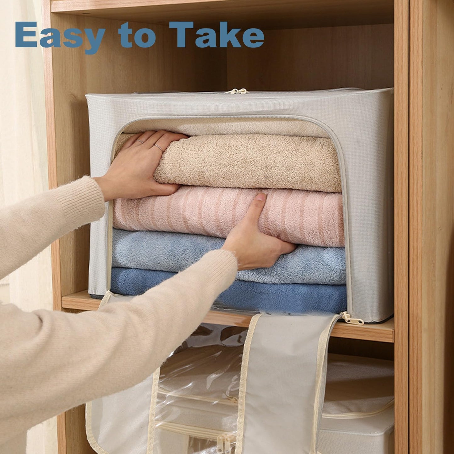 Goesort 3 Pack Clothes Storage Boxes with Steel Frame Support, 66L Moving Bag Wardrobe Storage Organiser Packing Boxes for Moving House with Clear