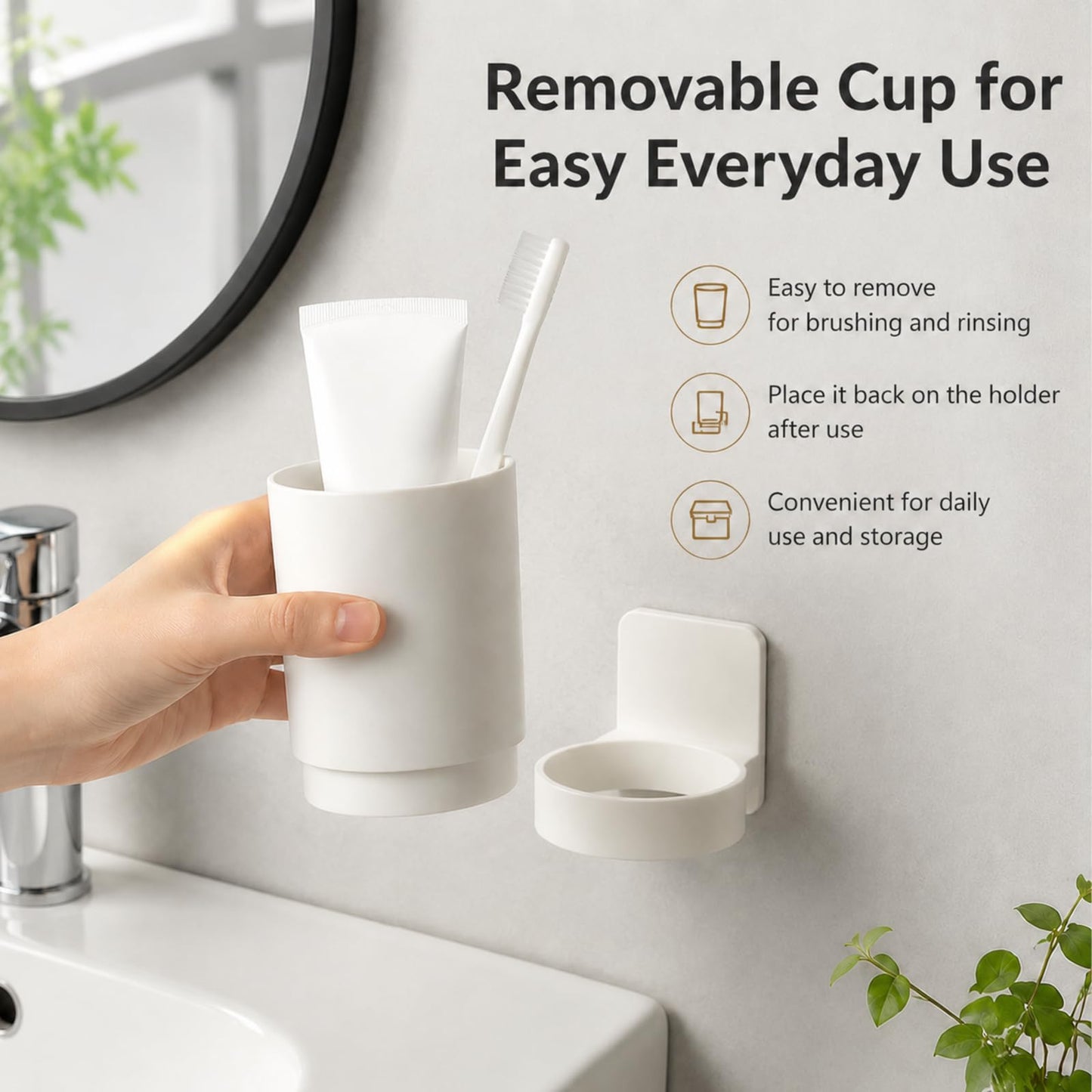 Wall Mounted Toothbrush Holder with Removable Cup, Self Adhesive Bathroom Toothbrush Cup Holder, No Drill Tooth Brushing Cup