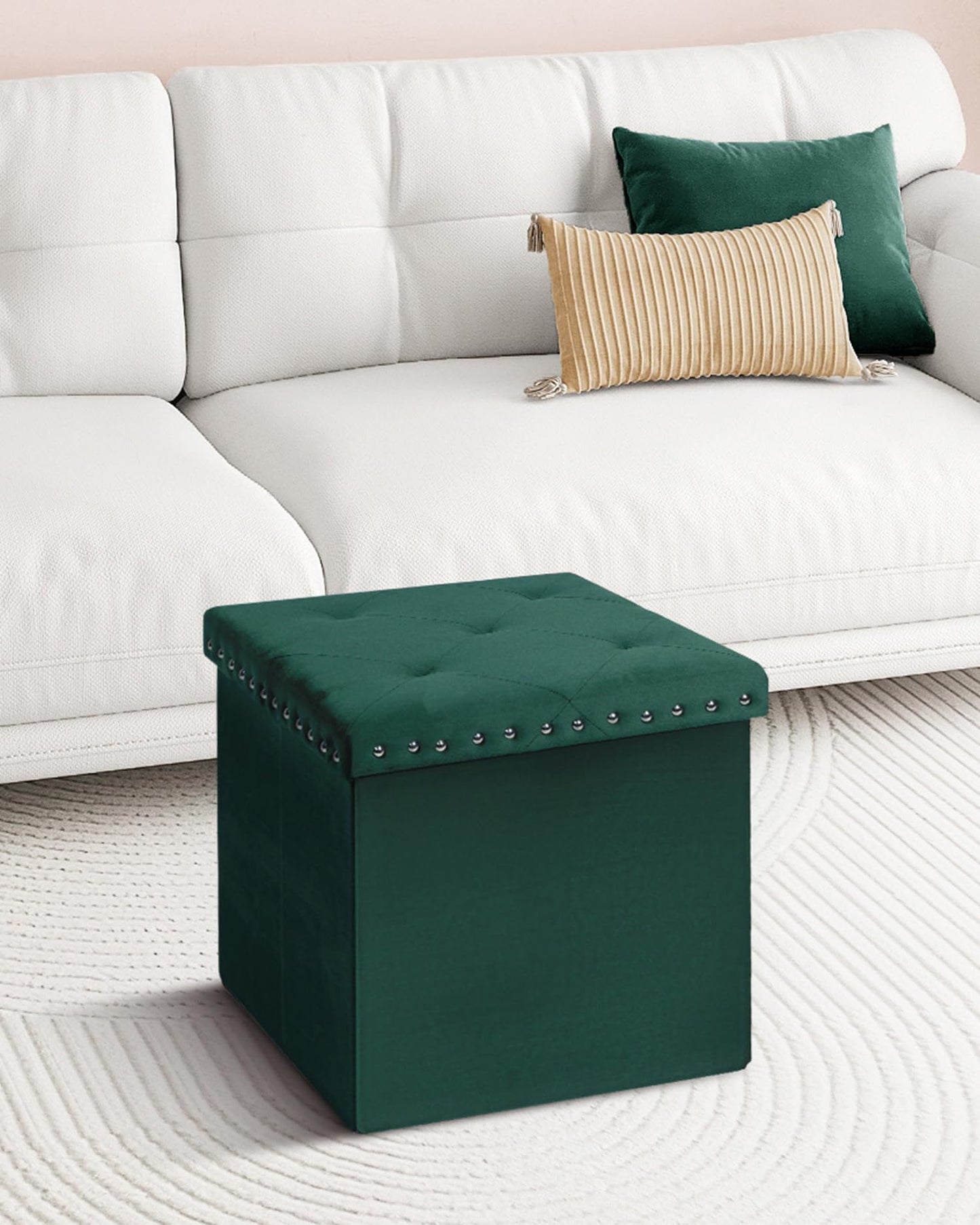 Bonlife Velvet Ottoman with Storage,Footstool Ottoman Seat,Green,40x40x40cm