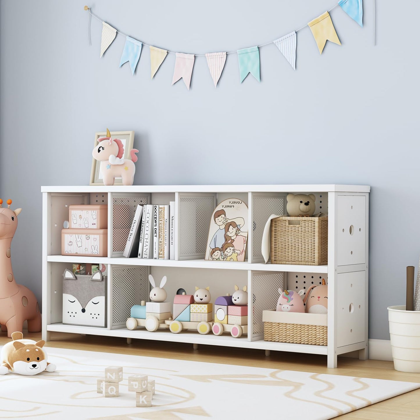 LVB White Horizontal Bookcase, Modern Bookshelf Cube Storage Organizer, Farmhouse Wide Large Wood Metal Book Shelf