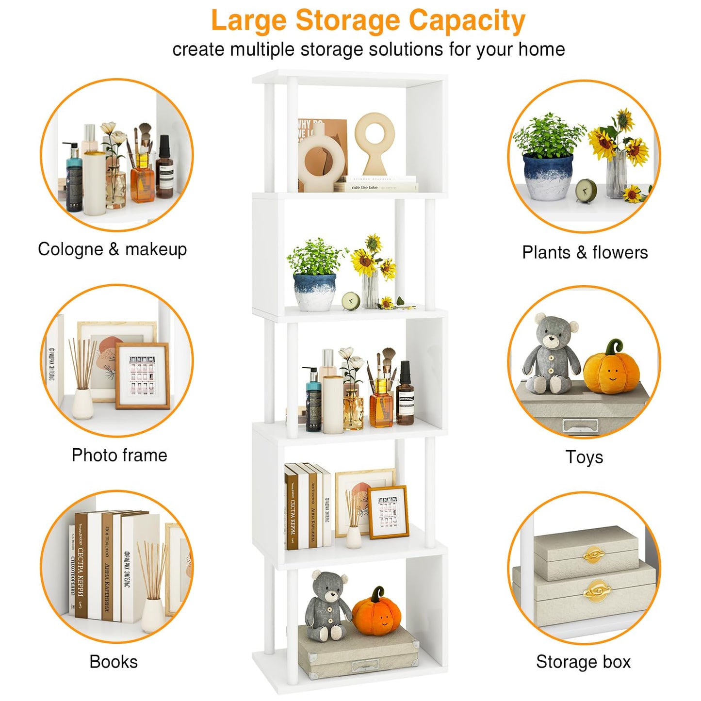IBUYKE 6-Tier Tall Bookshelf,S-Shaped Geometric Bookcase,White WBC016W