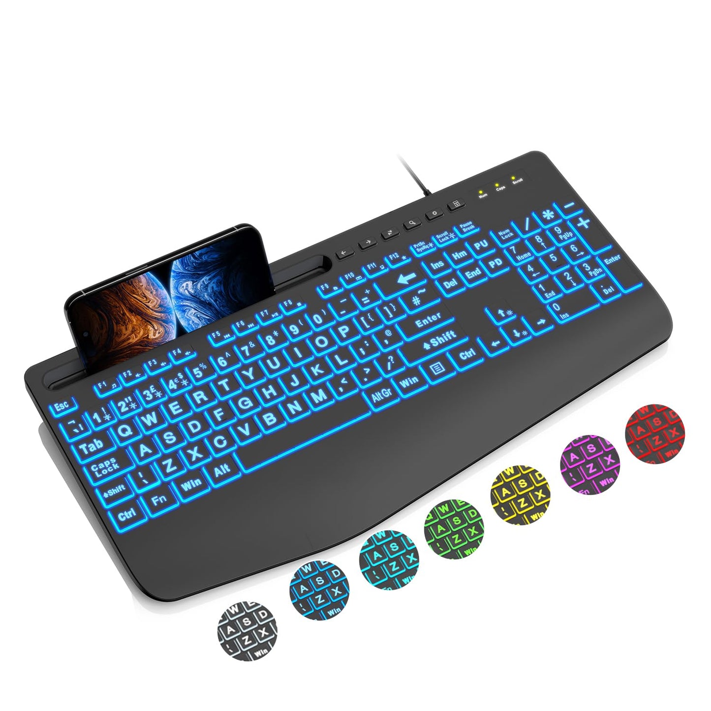 SABLUTE Wired Keyboard Large Print Computer Keyboards, Lighted USB Ergonomic Keyboard with 7 Color Backlit, Wrist Rest and Phone Holder, Easy to Read
