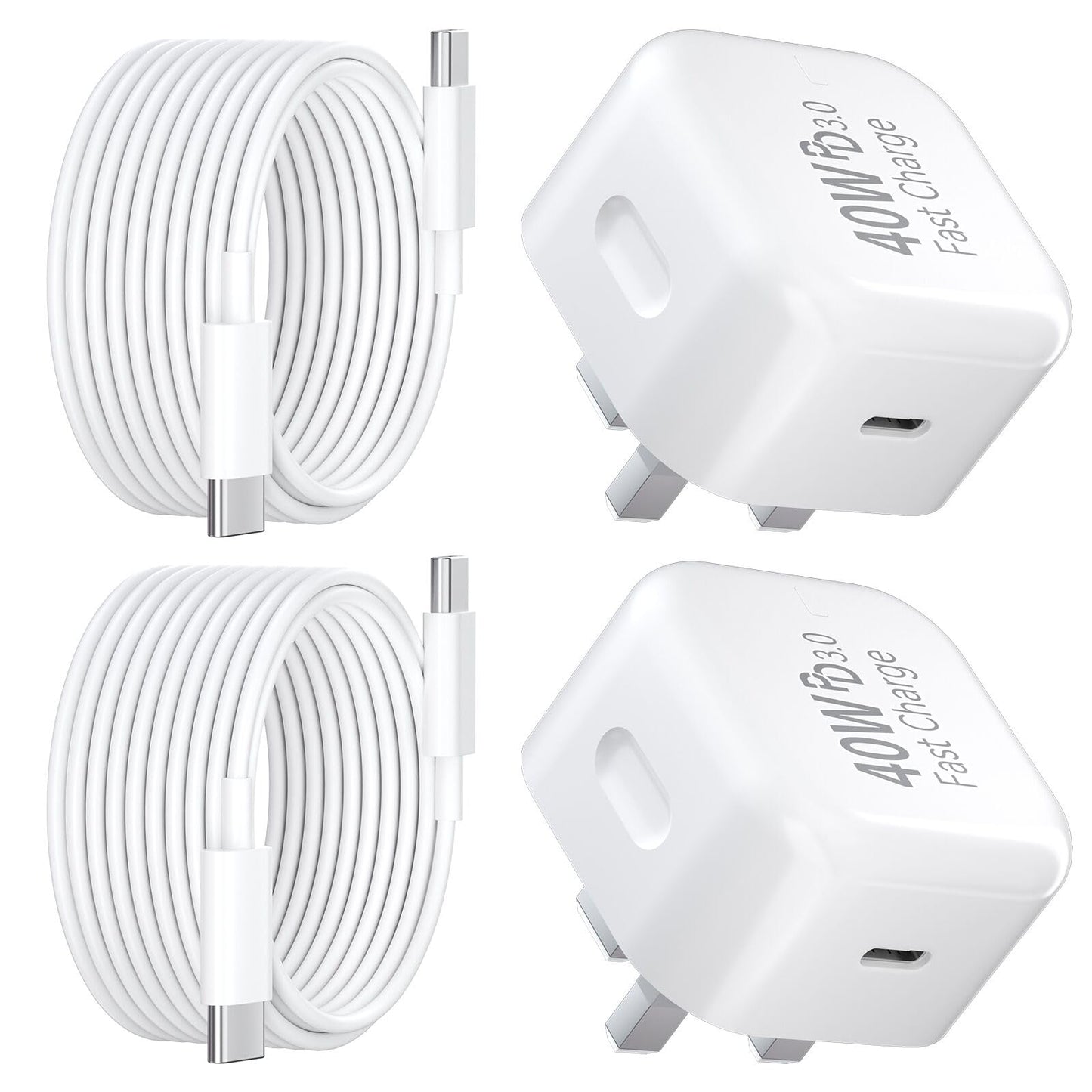 USB C Charger for iPhone 17 16 15 Charger 40W Fast Charger USB C Plug and Cables 3M, 2Pack Type C UK Wall Phone Power Adapter USBC Lead for iPhone 17