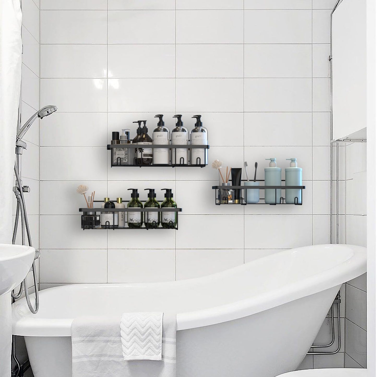 UZIMOO Shower Caddy Black - Bathroom Shelves Organiser No Drilling Adhesive Bathroom Shelf Wall Mounted