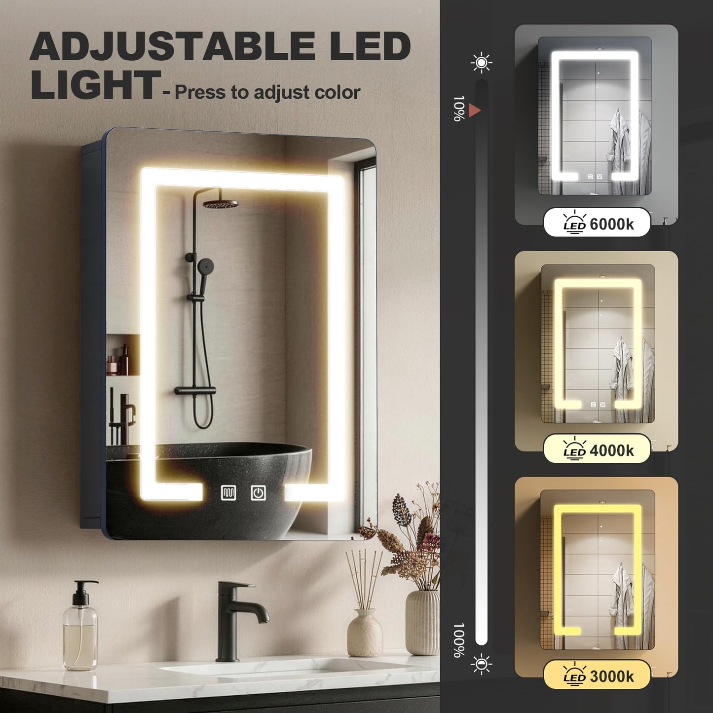 70×50cm Aluminum LED Bathroom Mirror Cabinets, 3 Color Light Modes