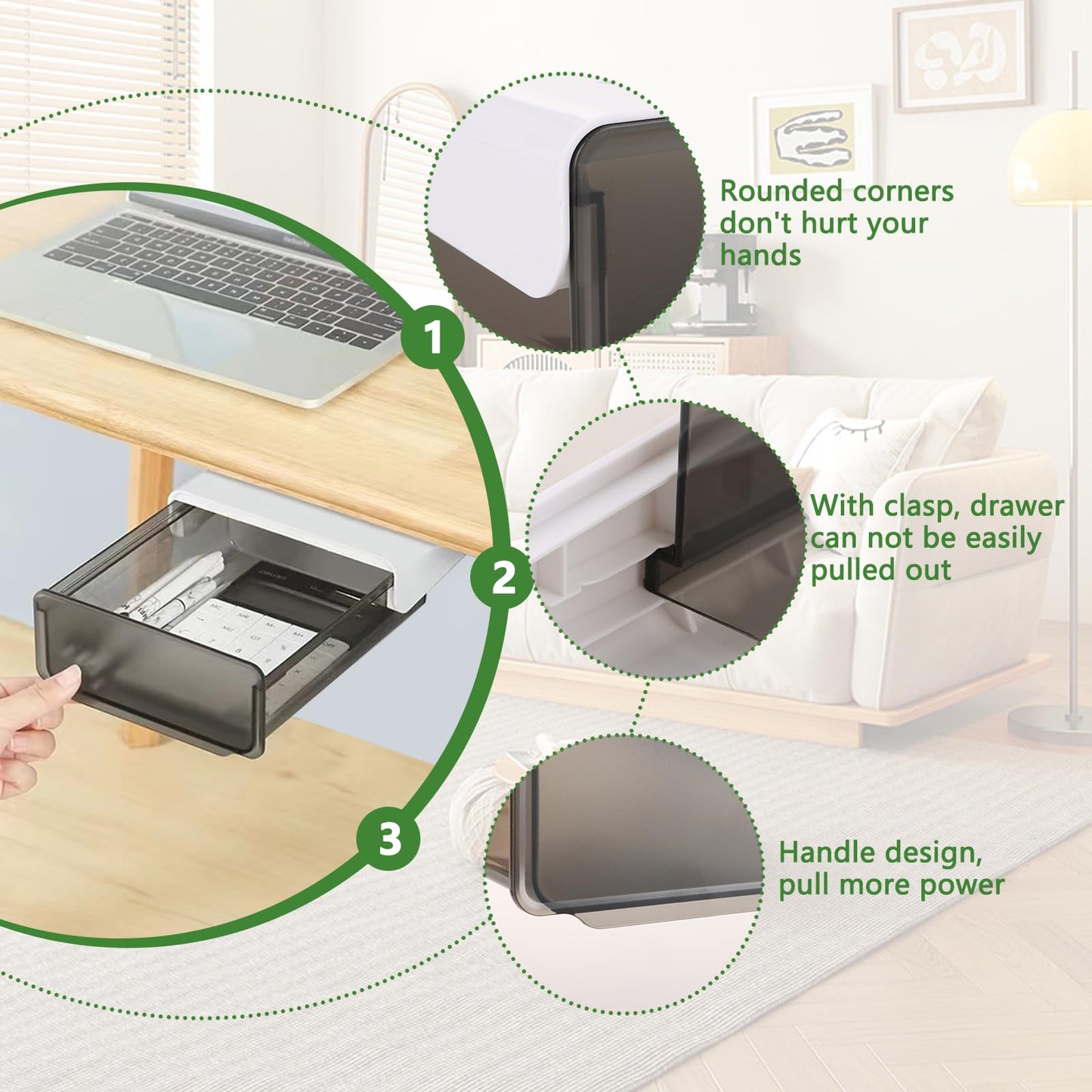 ASelected 2 Pack Under Desk Drawer, Self-Adhesive Under Desk Drawer Storage Box, Pop-up Hidden Under Desk Drawer for Office School Home Craft Room