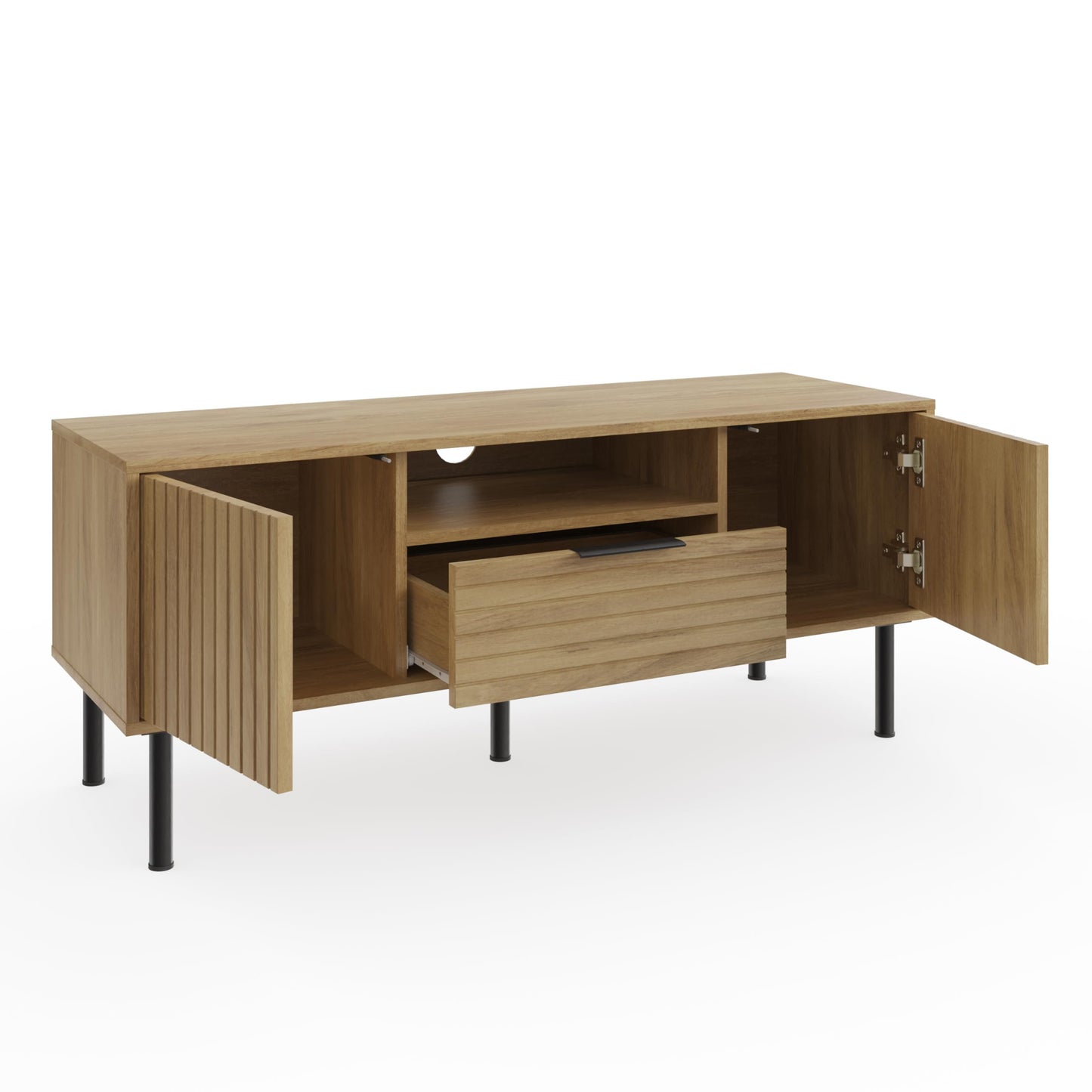 GFW Nervata TV Unit, Oak Effect Media Storage Cabinet with 1 Drawer and 2 Doors, Black and Gold Art Deco Style TV Stand for Living Room Furniture