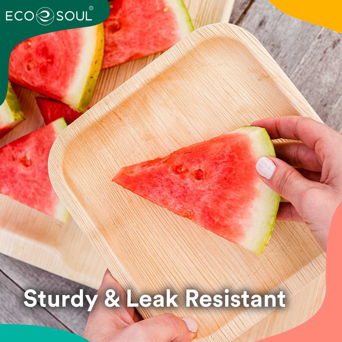 ECO SOUL 100 Disposable Palm Leaf Plates 8(20cm) Square Bamboo Plate I Eco Friendly, Biodegradable, Compostable Heavy-Duty Plate, Wooden Plates for