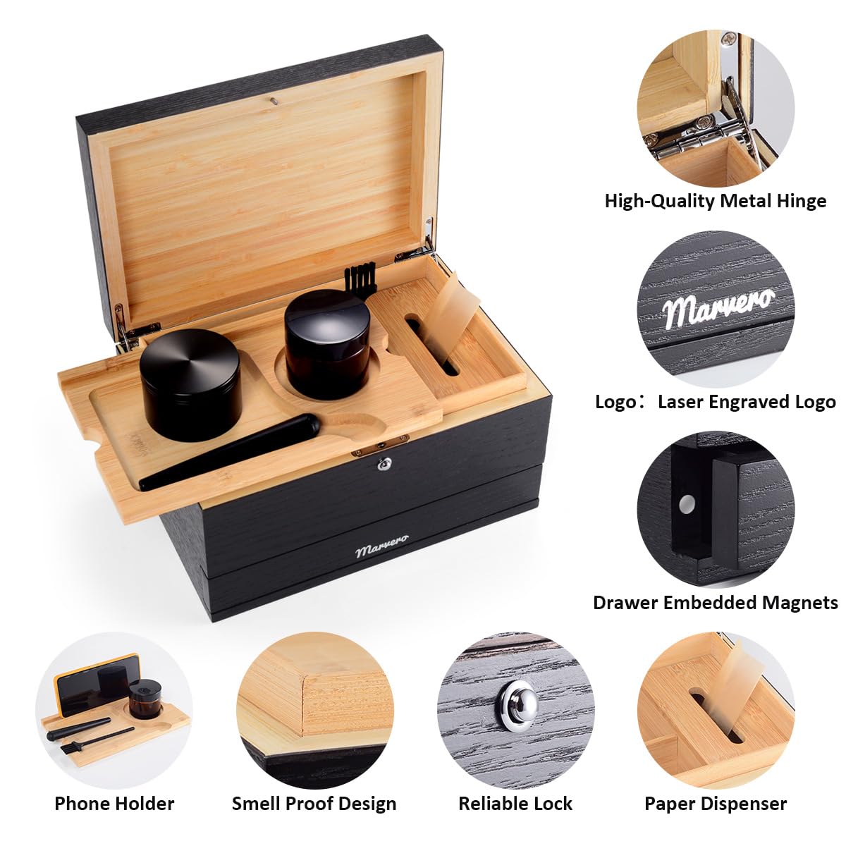 Marvero Large Bamboo Stash Box with Rolling Tray,Black