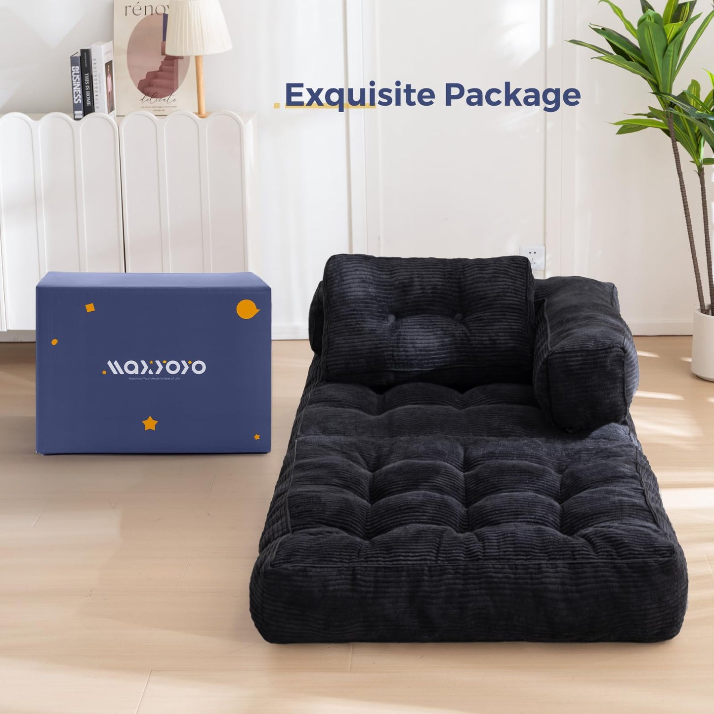 MAXYOYO Foldable Sofa Bed,Bean Bag Couch Convertible Sleeper Chair with Armrest L-Shaped Floor Lounge Sofa with Pillow Portable Lounge Seat for