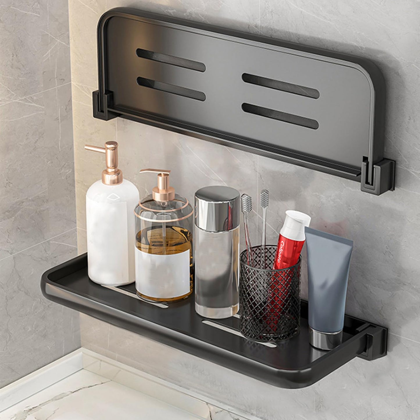 KARBAG 1PCS Shower Caddy Shelf Organiser, Wall Mounted Foldable Shelf 90? Fold Up & Waterproof Shower Organizer No Drill Bathroom Shelves Self