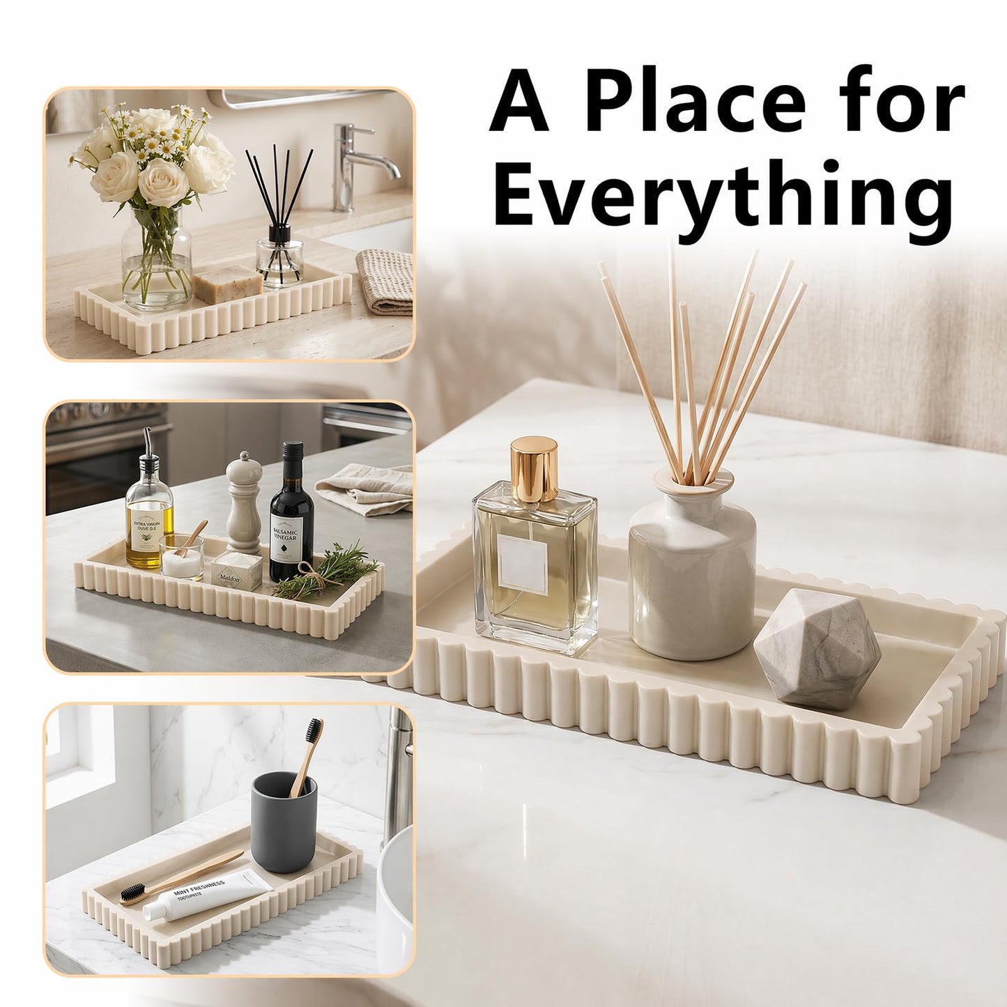 Bathroom Vanity Tray - 24 x 10 cm Silicone Decorative Tray with Scalloped Edge, Countertop Perfume Trays Trinket Dish for Dresser