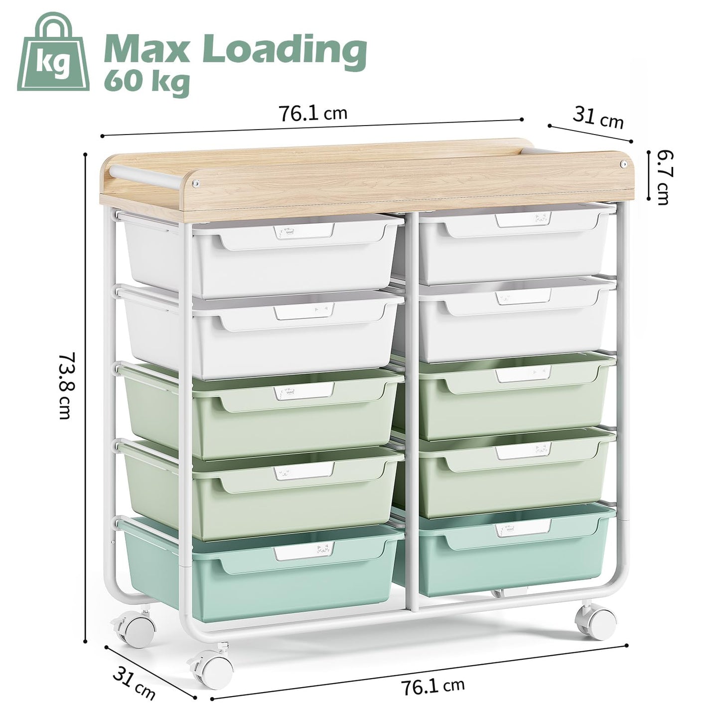10-Drawer Craft Organizer Trolley Cart, Green