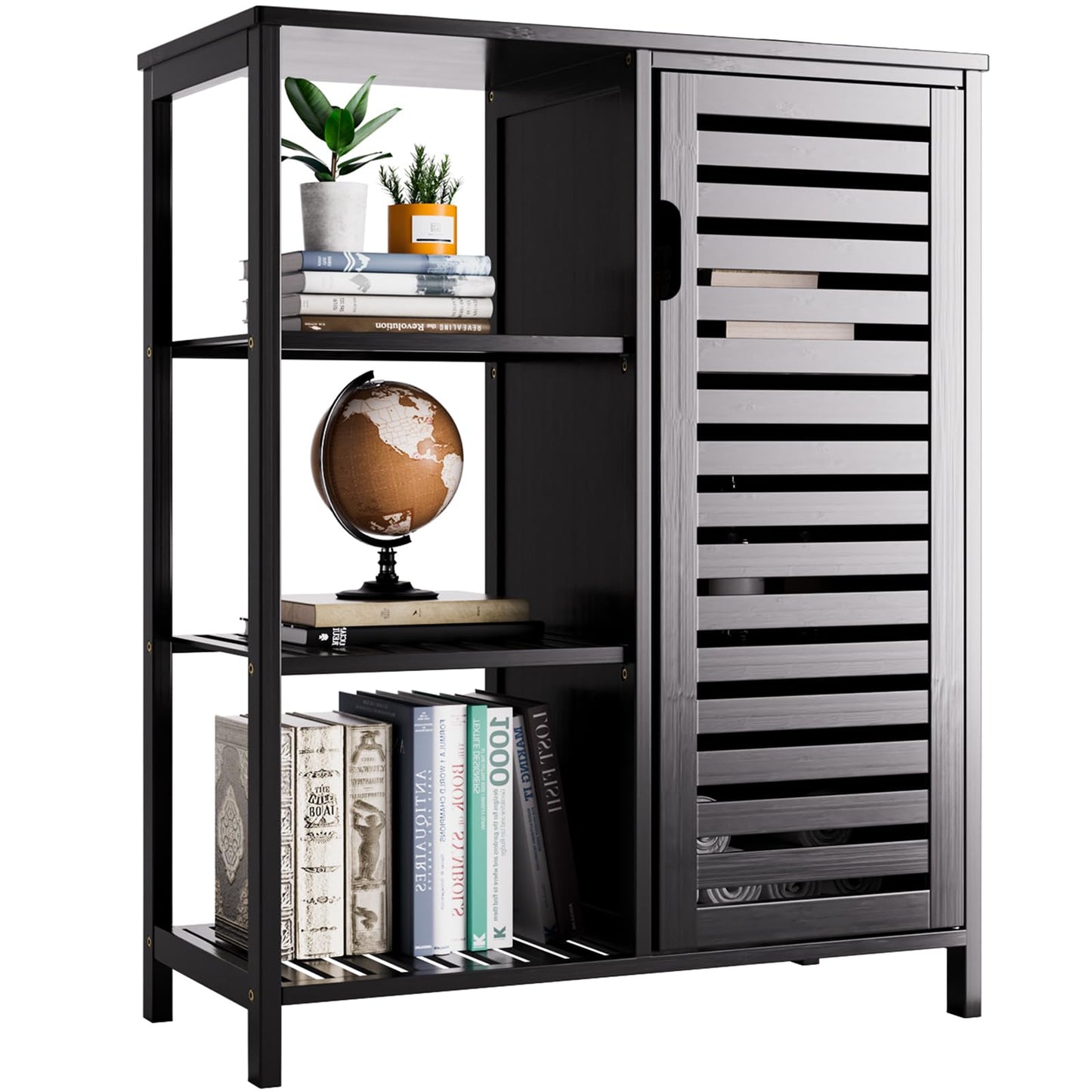 HITNET Black Bamboo Storage Cabinet, Freestanding Bathroom Floor Cabinet with Door and Shelves for Home Office, Space-Saving