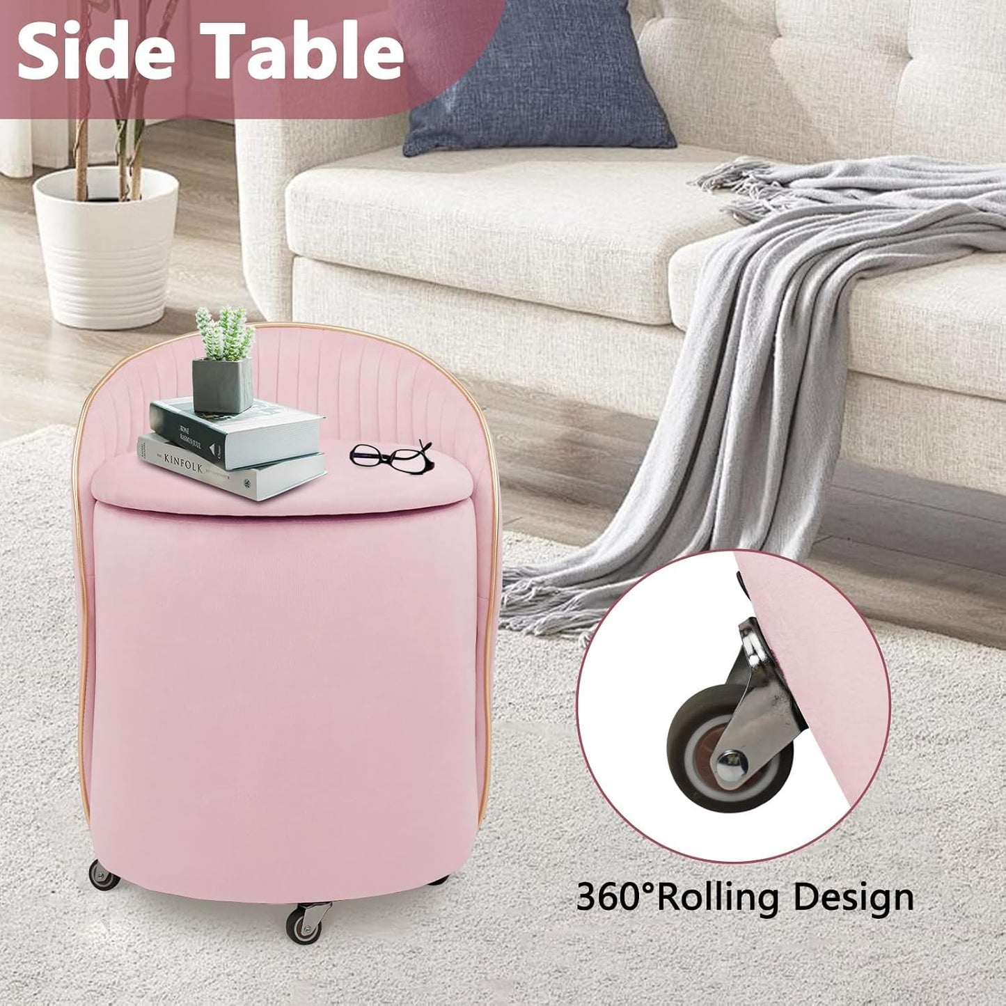 KLASIKA Round Storage Ottoman, Upholstered Velvet Vanity Stool with Lumbar Support, Swivel Rolling Wheels