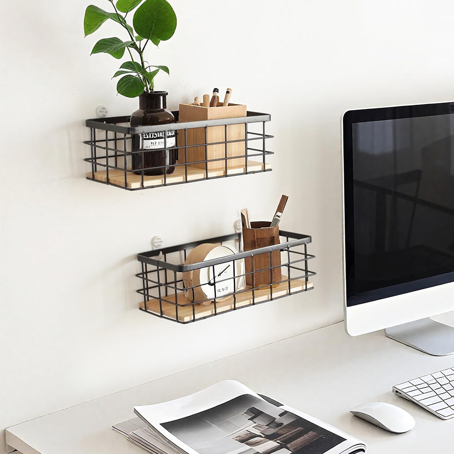 FUNSUEI Set of 2 Wire Storage Basket Bins with Hooks