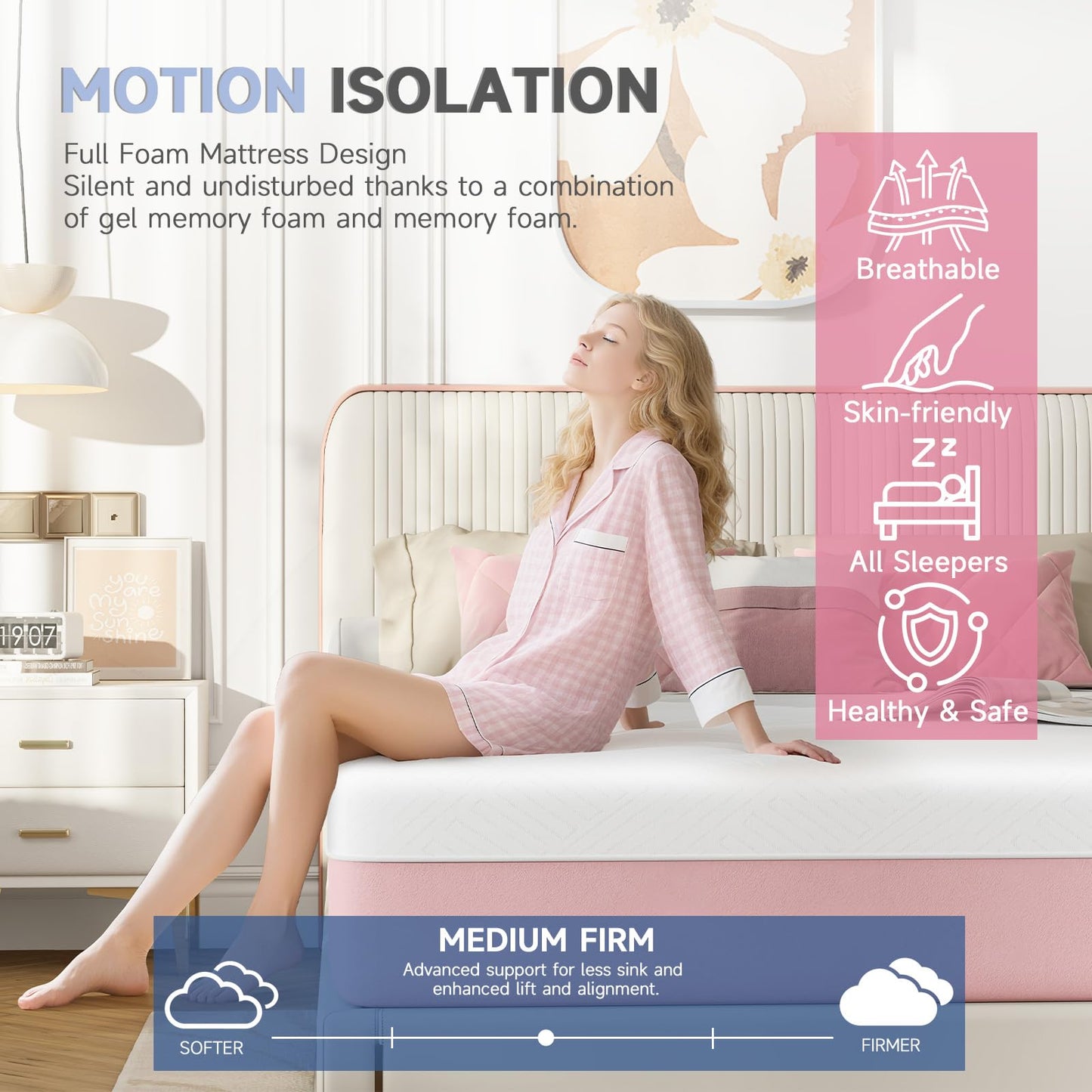 wowttrelax Single Mattress Memory Foam 3ft, Medium Firm, Pink, 90x190x20cm