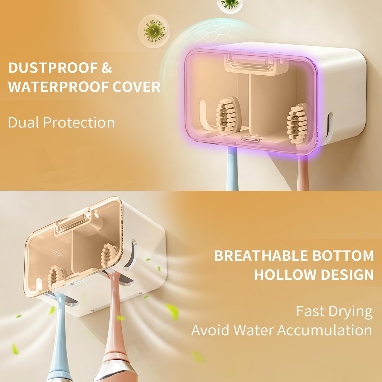 2 Slots Toothbrush Holder Wall Mounted with Cover -Breathable