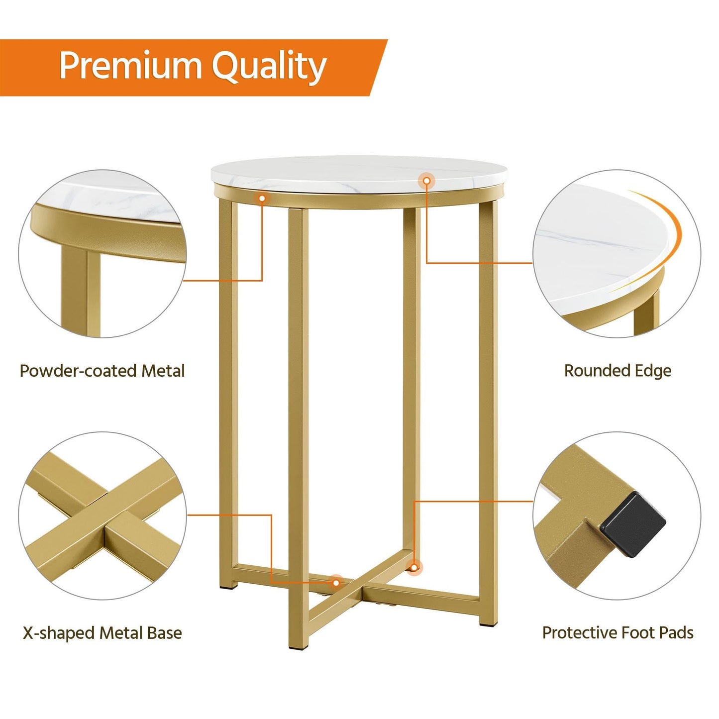 Yaheetech Round Faux Marble Side Table with X-Frame, Mustard Gold