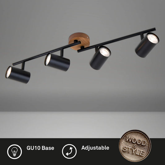 Briloner Leuchten 2920-045 Spotlight, Retro, Vintage Ceiling Light, can be rotated and swivelled, 4X GU10, Metal and Wood, Black, 682 x 90 x 145 mm (L