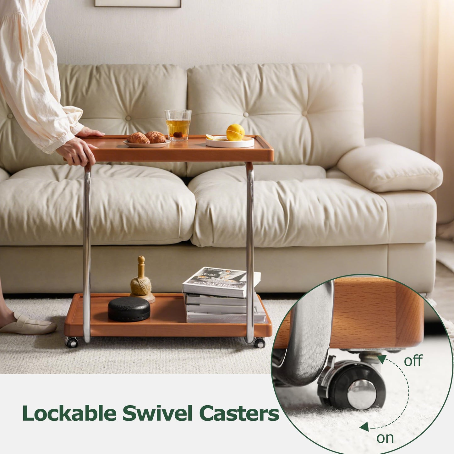 YESWOOD Solid Wood Side Table with Wheels, C Shaped Rolling End Table