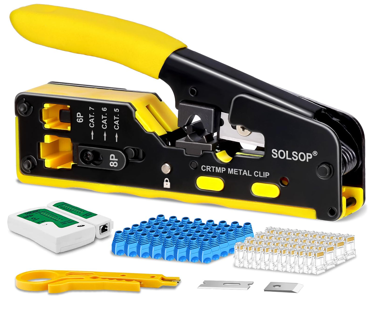 Solsop RJ45 Crimp Tool Pass Through Ethernet Crimping Tool for Cat5 Cat6 Cat7 End Pass Through Connector, Support Stripping & Cutting