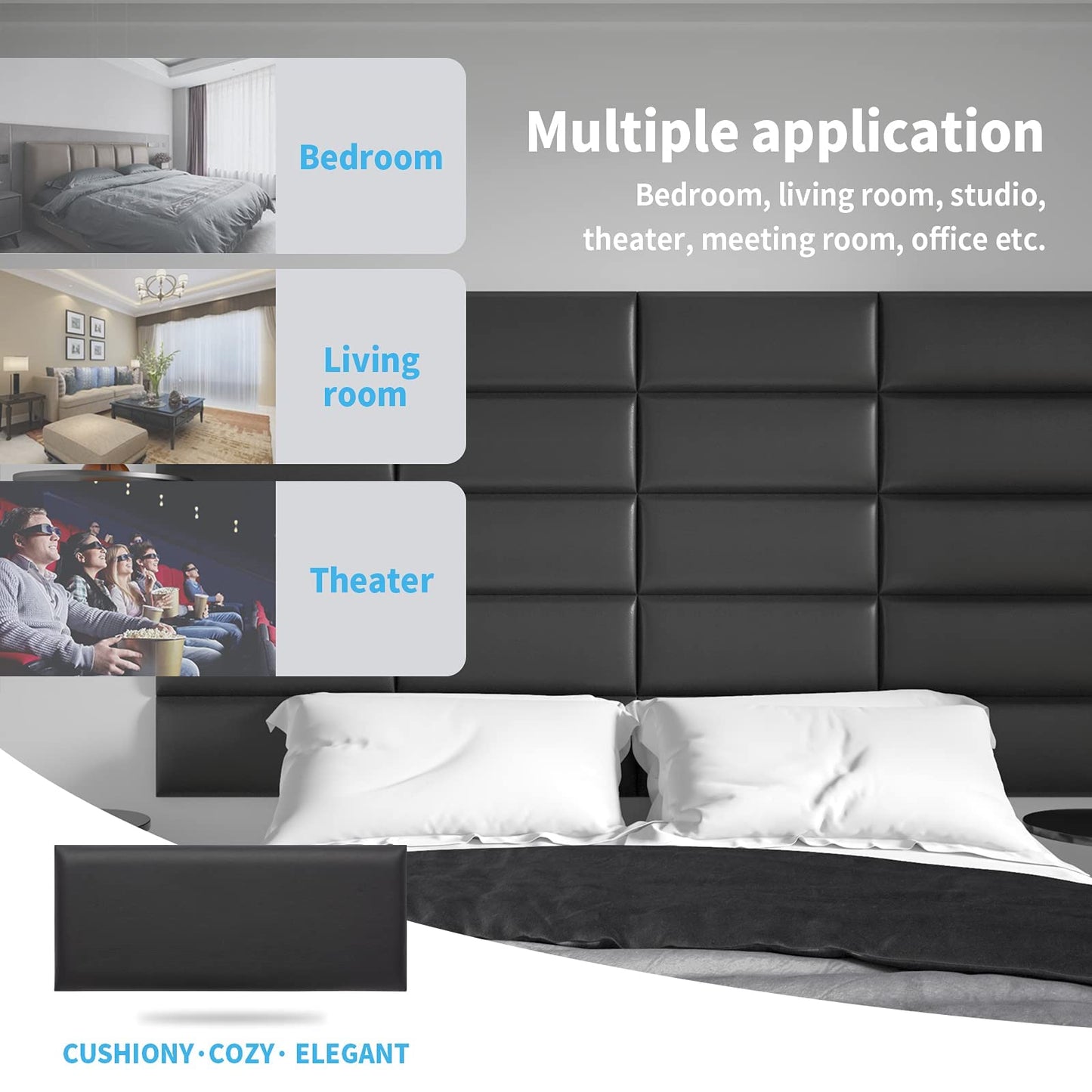 Art3d 12-Pack Peel and Stick Upholstered Headboard, 9.84 x 23.62 in, Black