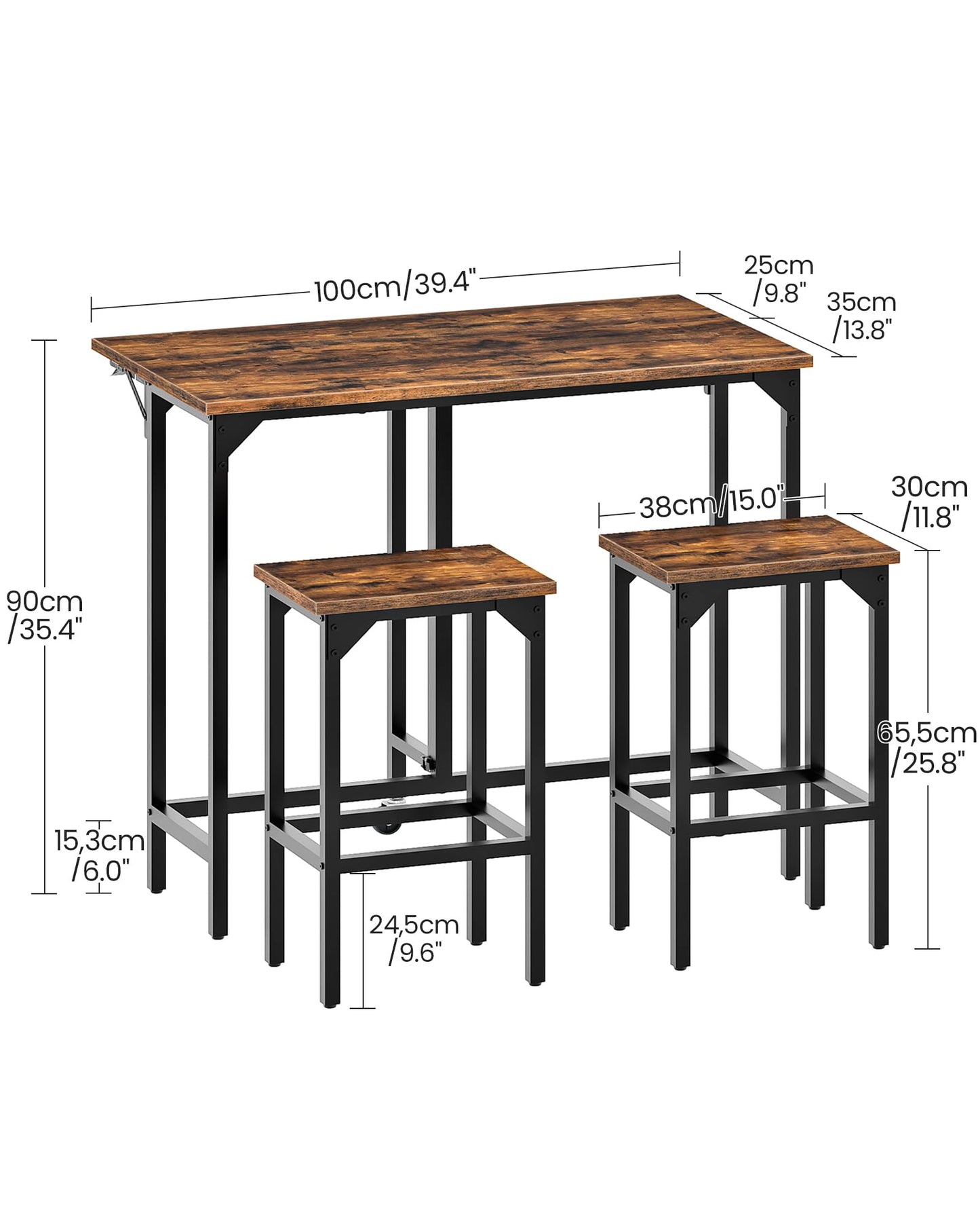 CHOEZON Breakfast Bar Table with 2 Bar Stools, 100 cm Folding Dining Table with 2 Stools, Dining Table Set, Industrial Steel Frame, for Restaurant