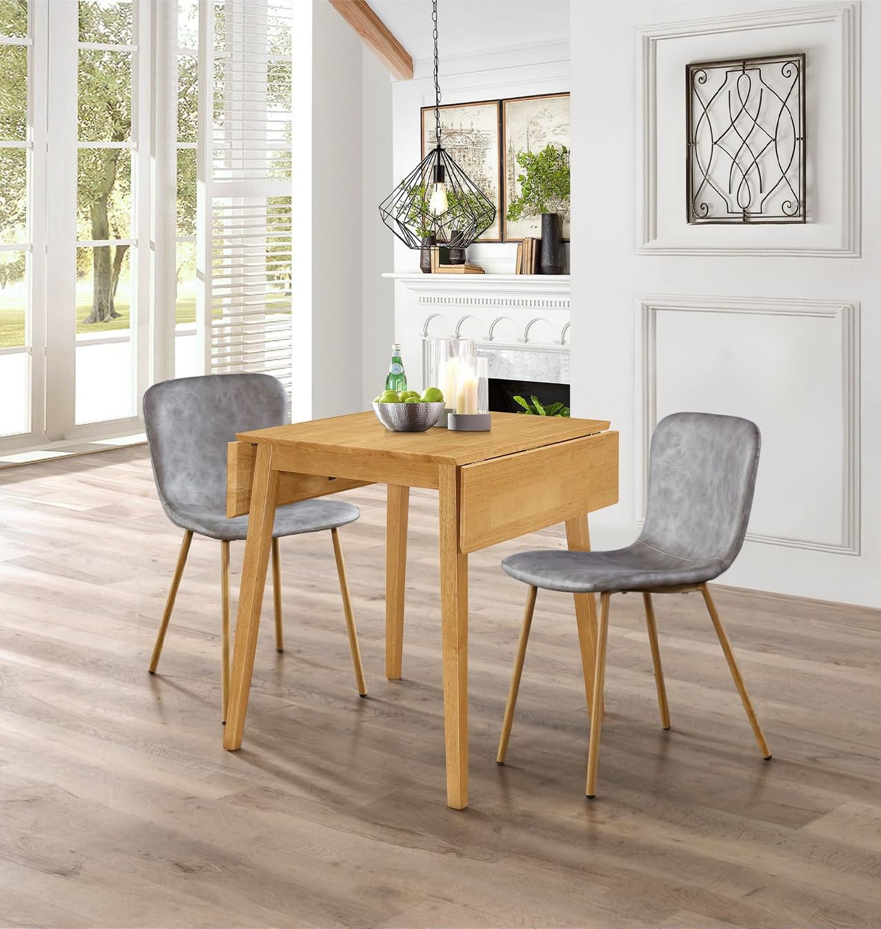 Hallowood Furniture Ledbury 2 Seater Dining Table and Chairs Set, Drop Leaf Table and Chairs in Taupe Faux Leather Upholstery and Wood Effect Metal