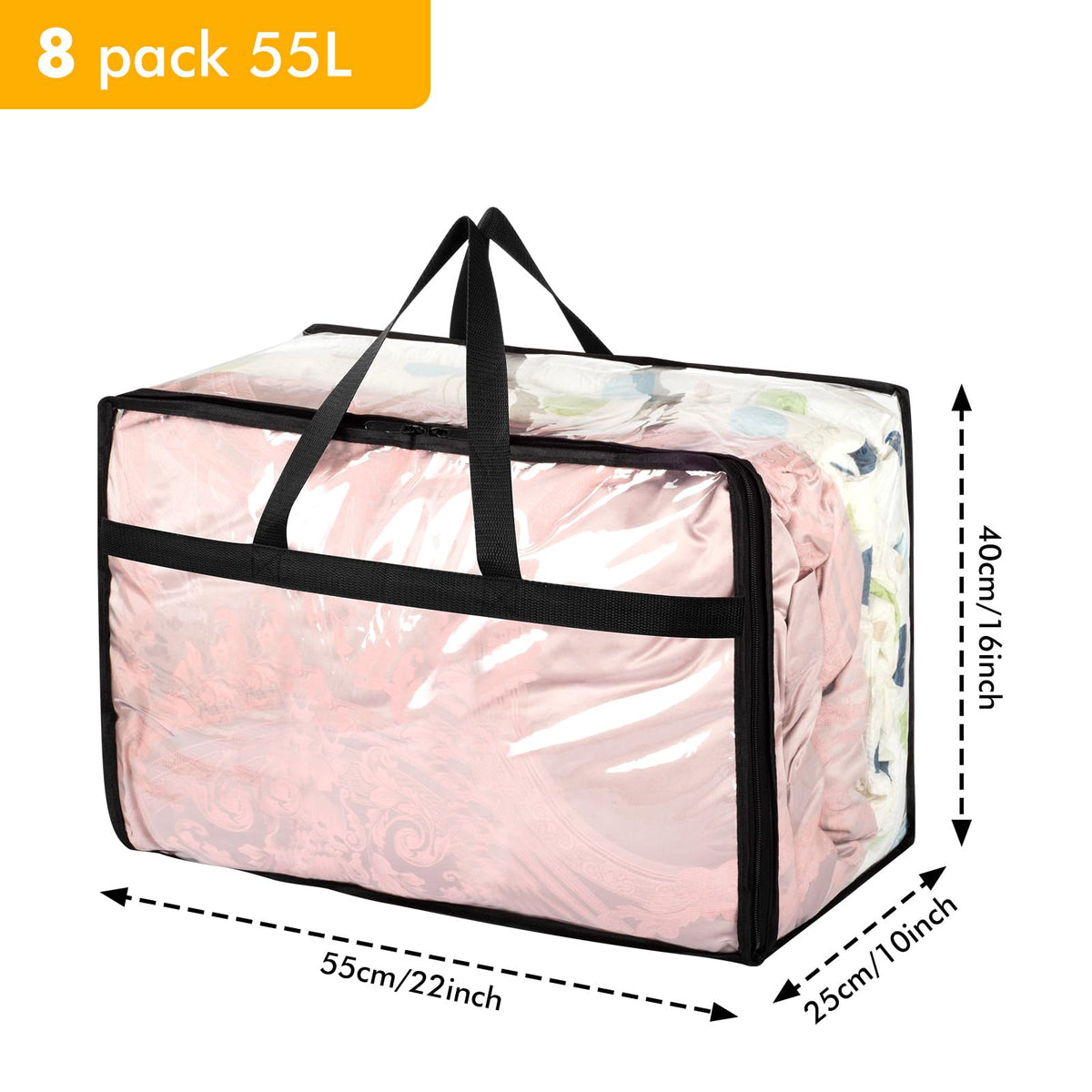 8 Pack Clear Plastic Storage Bags with Zips, 55L Foldable Clothes Storage Boxes Organizer with Reinforced Handle for Bedding, Blankets and Moving