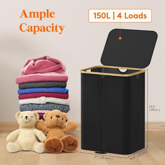 Lifewit 150L Laundry Basket with Lid, Clothes Hampers for Laundry with Bamboo Handles and Removable Laundry Bags, Large Foldable Laundry Hamper for