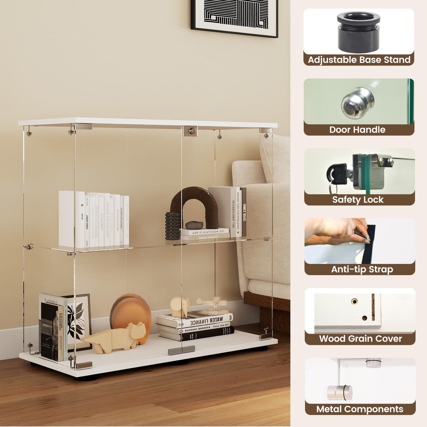 Beauty4U 2-Shelf Double Door Glass Display Cabinet, 83cm Tall, White
