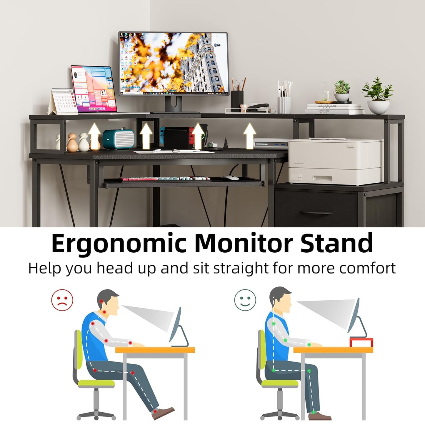 Flrrtenv 90x120cm Corner Desk with 3 Drawers, L Shaped Computer Desk with Keyboard Tray with Power Outlet & Monitor Stand