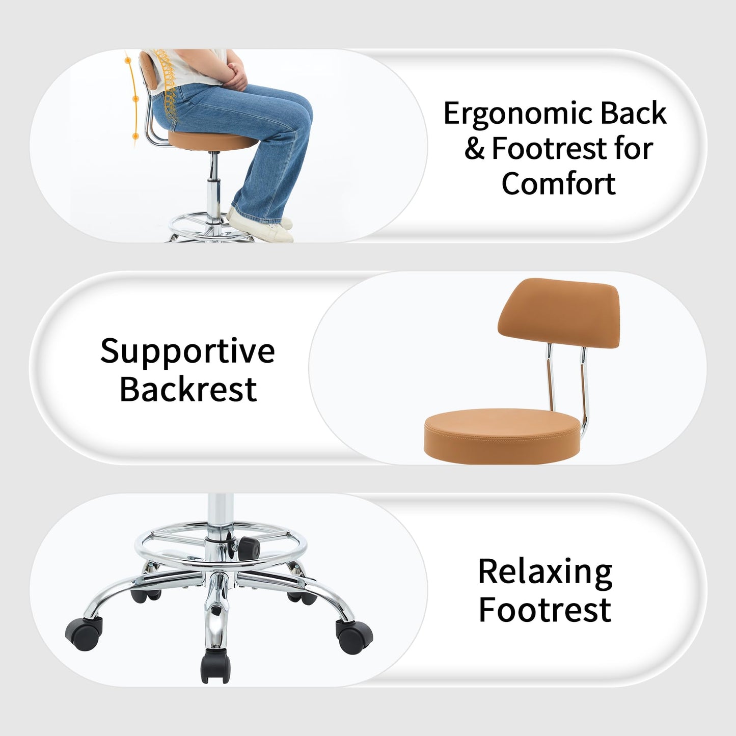FIRAVOE Ergonomic Rolling Office Stool Chair with Backrest, Swivel Armless Desk Chair with Adjustable Footrest