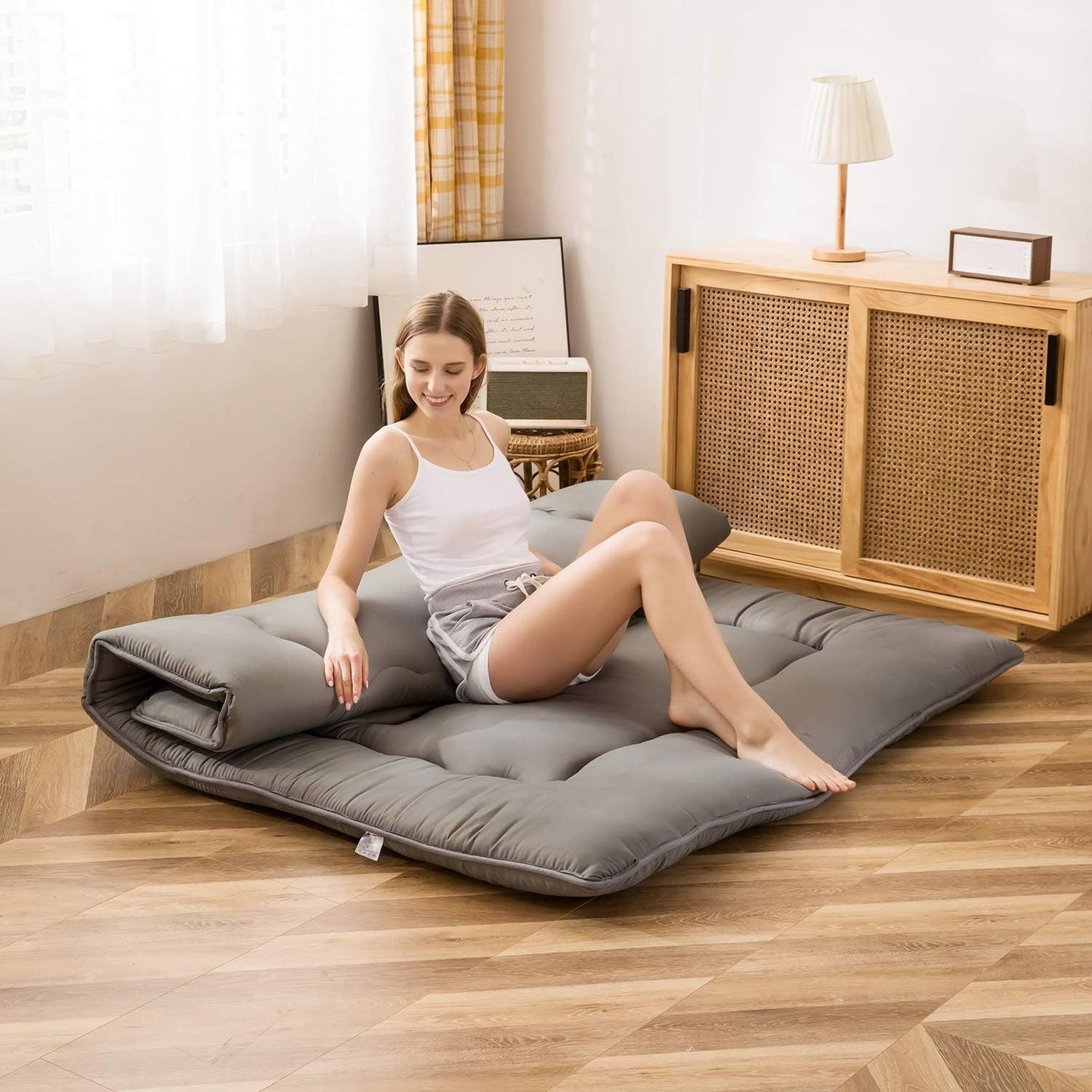 MAXYOYO Japanese Floor Futon Mattress, Thicken Tatami Sleeping Pad Foldable Roll Up Dormitory Mat Pad Floor Lounger Pillow Bed (Charcoal Grey, Double)