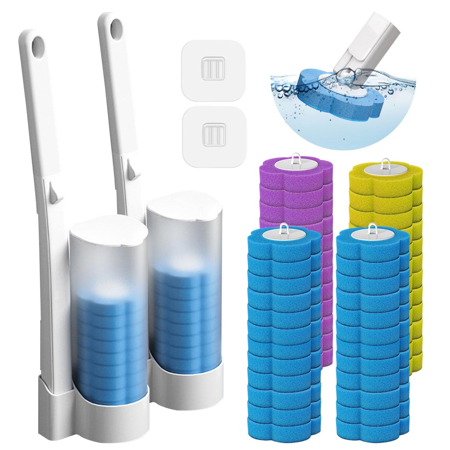 2 Pack Disposable Toilet Brush & Holders Set with 48pcs Cleaner Refills Scented Pads Wall Mounted white Plastic Long Handled Bathroom Toilet Brush