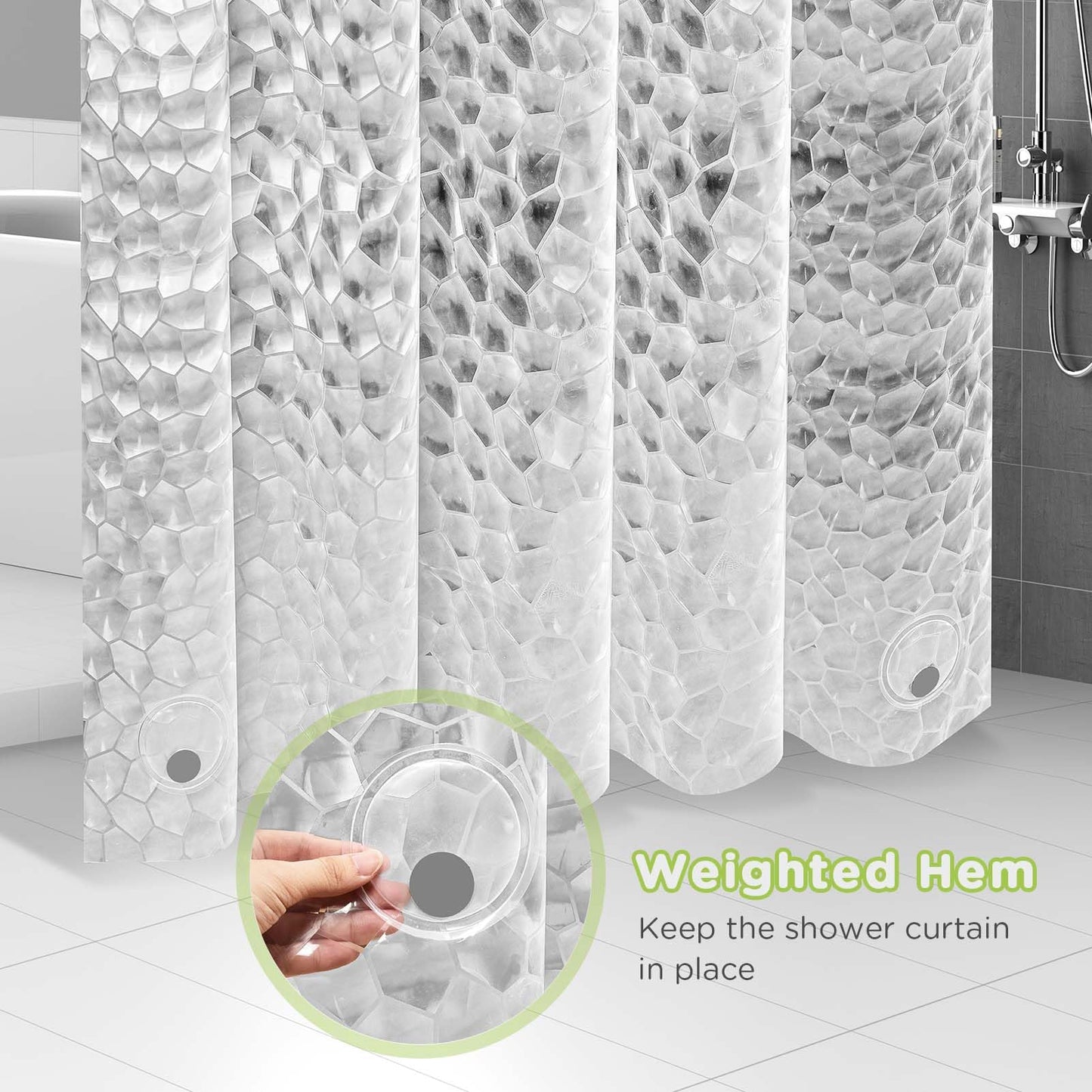 OTraki Clear Shower Curtain, 120 X 200 CM Extra Long Shower Curtain, 3D Design Weighted Bath Curtain, Anti Mould Resistant Shower Curtains