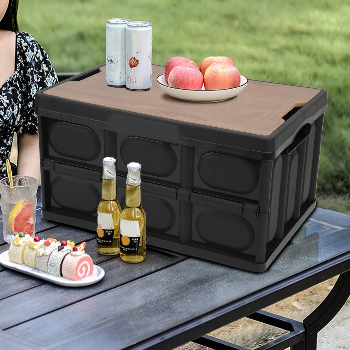 Alomejor 30L Foldable storage box,Multifunctional Car folding box Waterproof Storage Box with Wooden Panel for Outdoor(Black) Camping storage