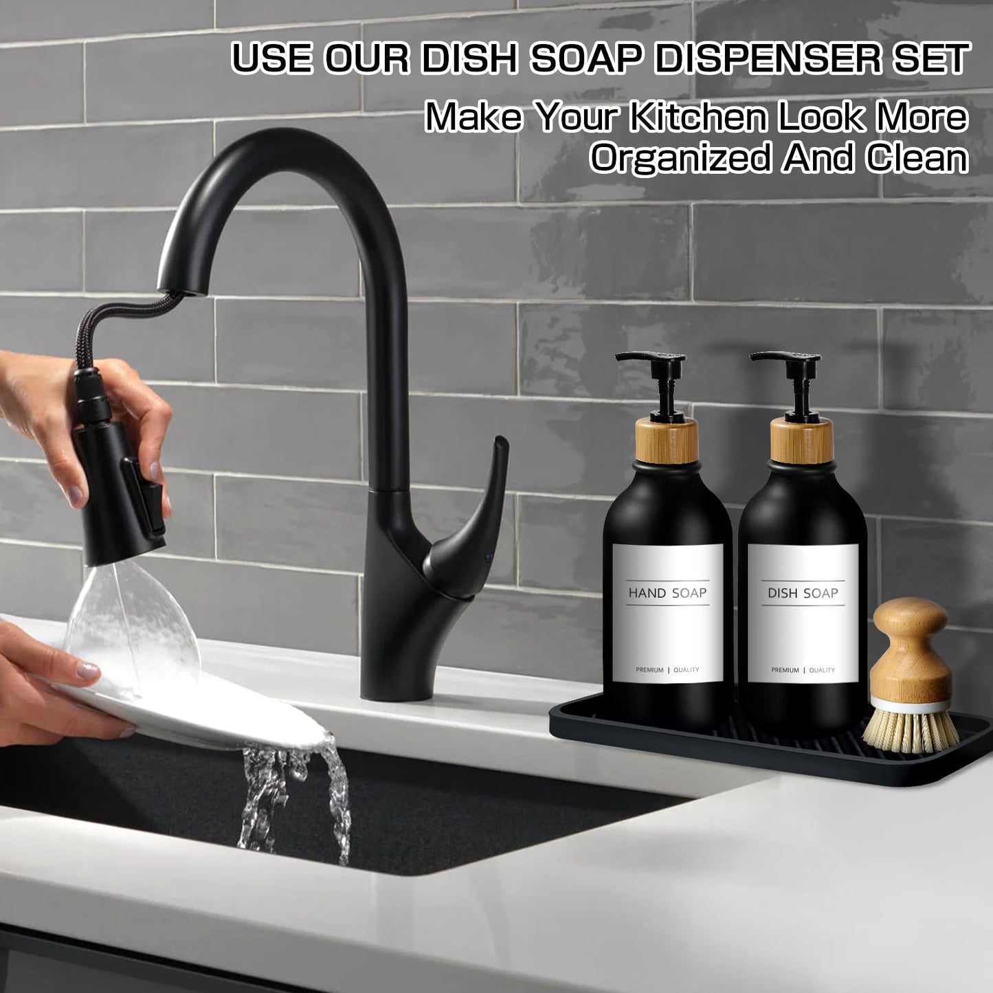 GMISUN Dish Soap Dispenser, Black Kitchen Soap Dispenser Set with Tray