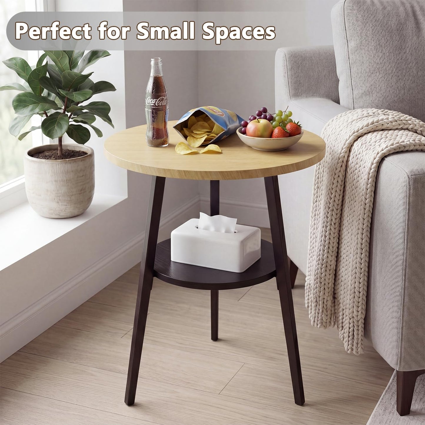 Small Round Side Table, 2-Tier Coffee Table with Storage Shelf
